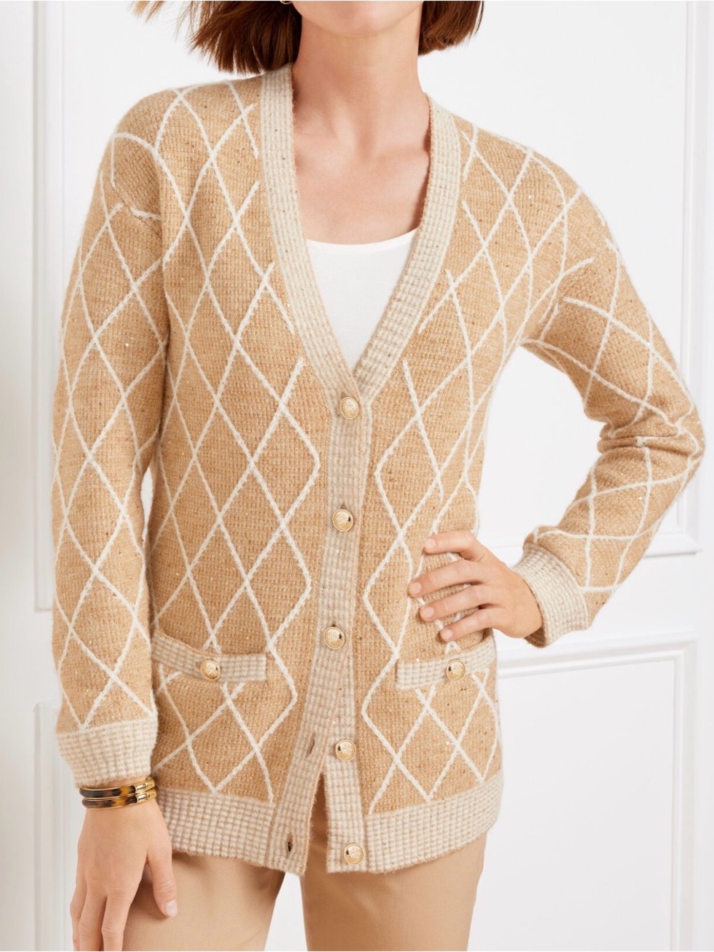 NWT Talbots Camel Ivory Argyle Sequin Wool Blend Button Cardigan Sweater M